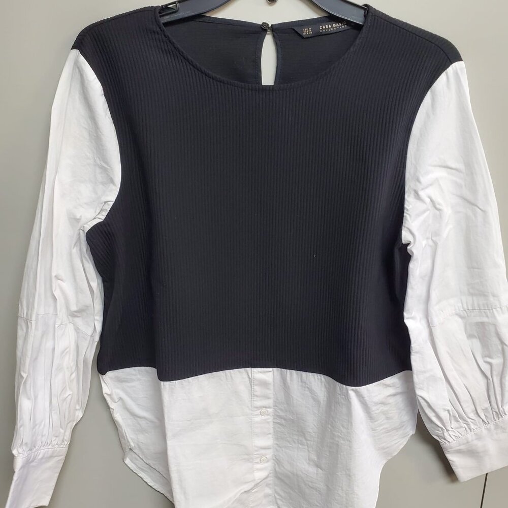 Zara Basic Collection Black and White Mock Shirt Tail Sweater